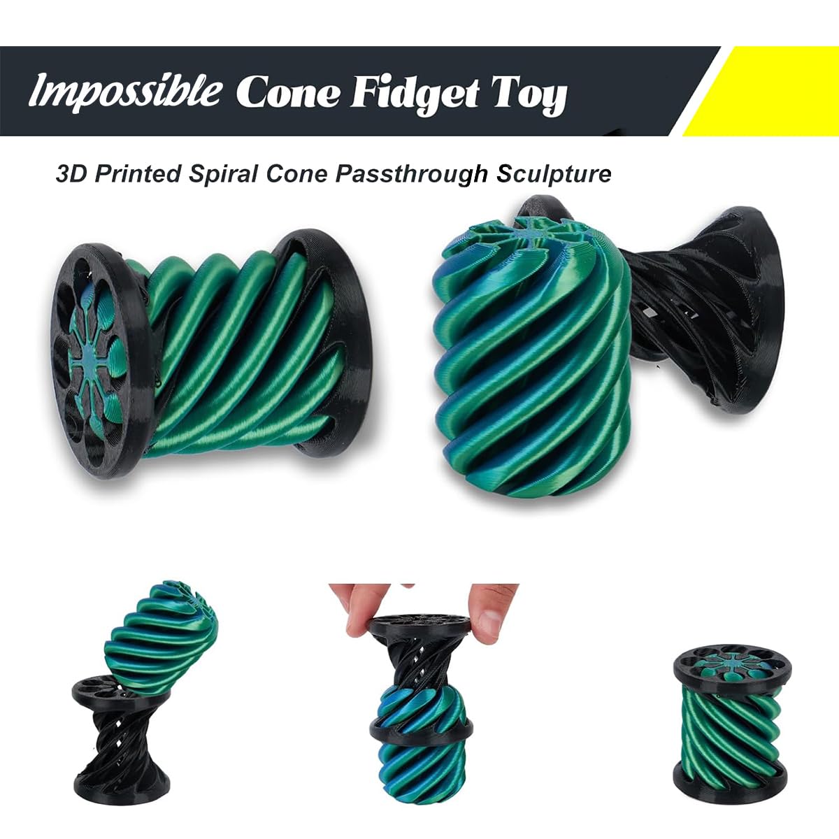 Impossible Cone (3PCS), 3D Printed Spiral Cone Fidget Toy, Impossible Pyramid Passthrough Sculpture, Mini Stress Relief Desktop Decorations Toy for Kids Adult Gift (Laser Blue Green)