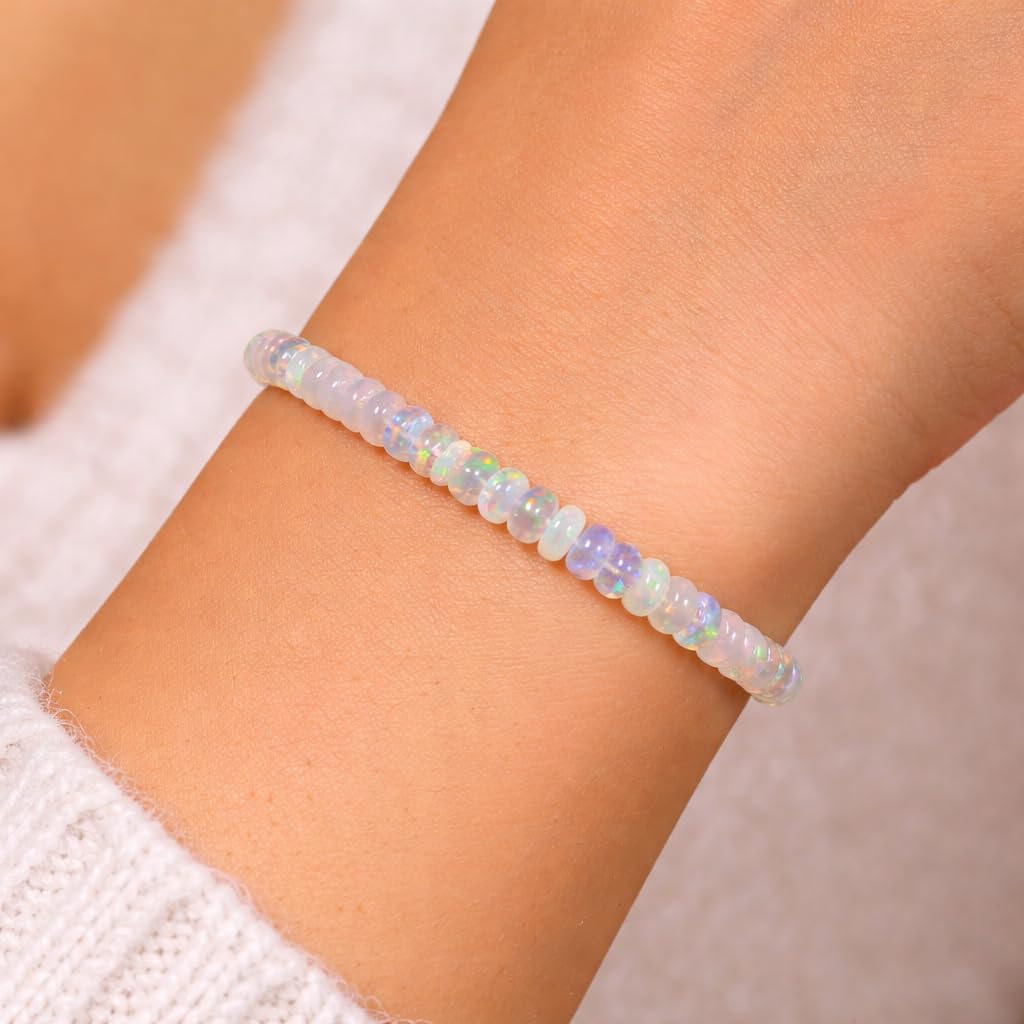 Natural Ethiopian Opal Stretchable Bracelet, Welo Fire, Smooth Beads Bracelet, Rondelle Shape, Milky White with Play-of-Color, 5 Inch