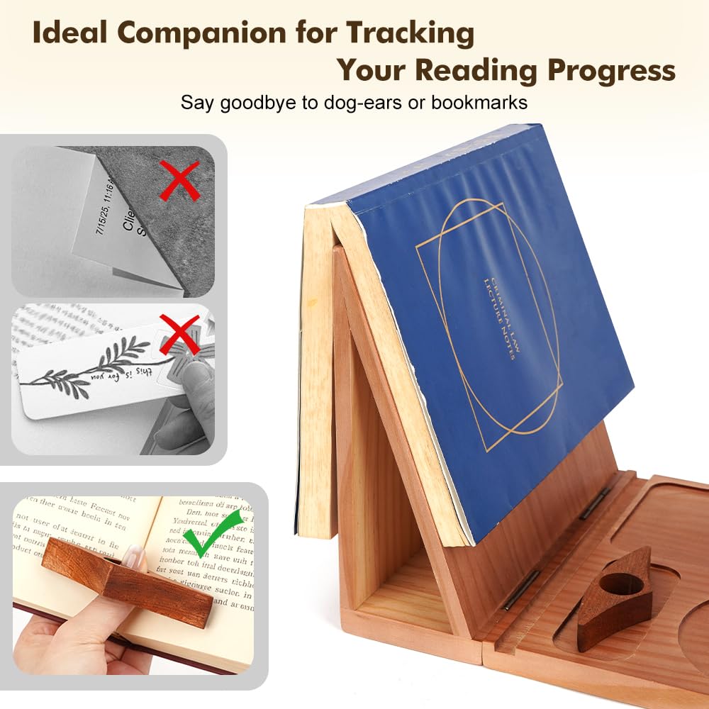 Triangle Book Holder Stand & Reading Valet, Foldable Wooden Book Rest with Cup, Phone, Glasses & Pen Holder, Includes Thumb Page Holder, Ideal Reading Accessory Gift for Book Lovers, Readers