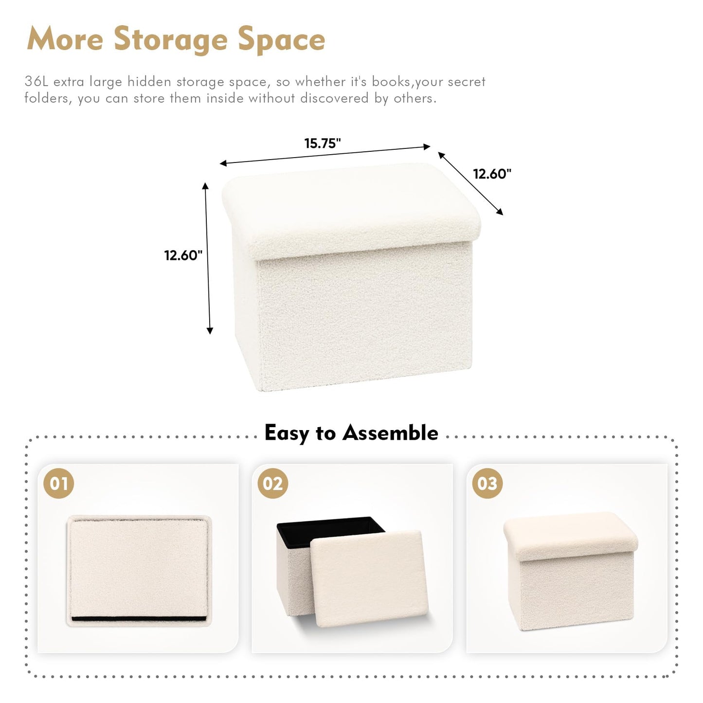 B FSOBEIIALEO Storage Ottoman Cube Small Sherpa Ottoman Foot Rest, Foldable Portable Boucle Ottomans, Faux Teddy Fur, Cream White 16.5"x12.6"x12.6"
