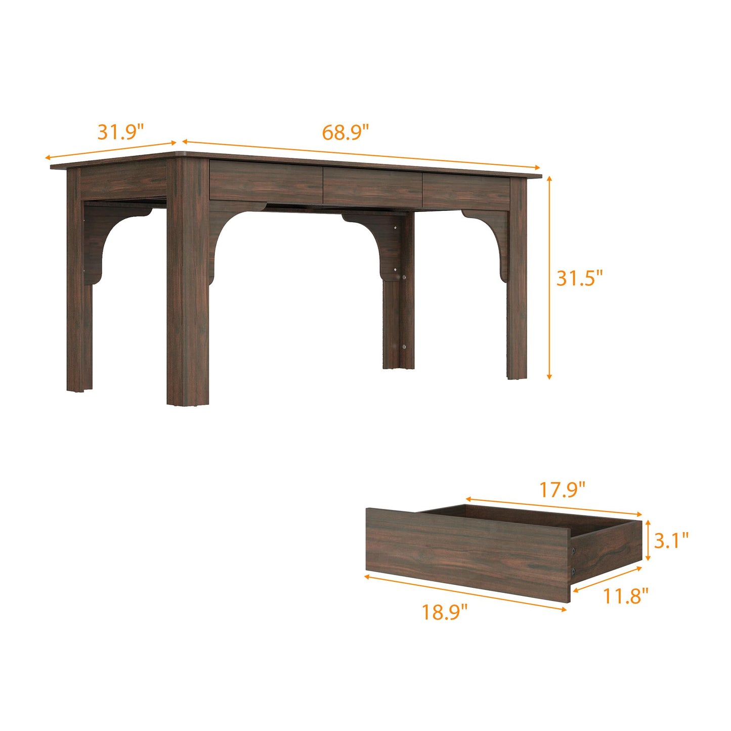 HOMSETTIE Farmhouse Dining Table for 6-8 People, 68.9" Rustic Kitchen Table with 6 Drawers, Long Rectangle Dinner Table with Wood Grain for Dining Room, Brown