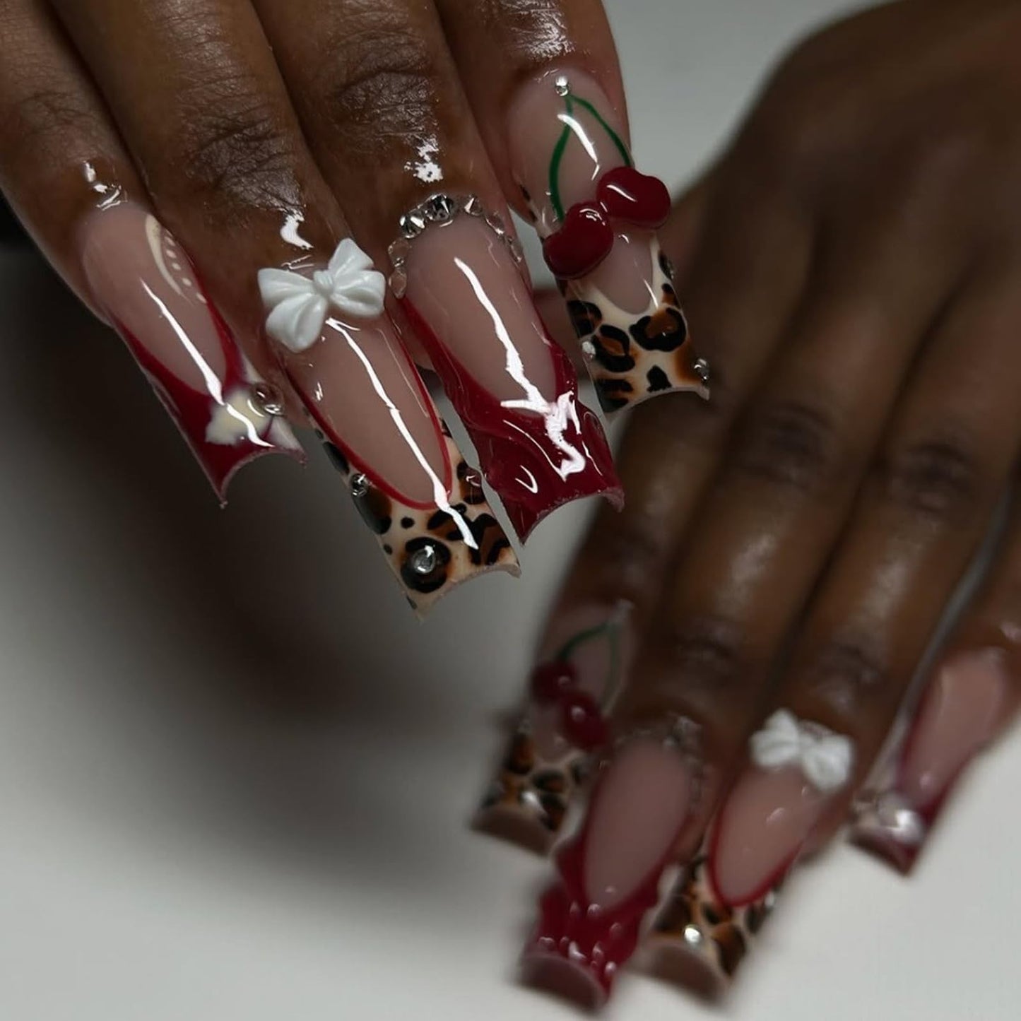 IMSOHOT Red Press on Nails Long Square Fake Nails French Tip False Nails with 3D Cherry & Rhinestones Designs Acrylic Full Cover Leopard Print Stick on Nails