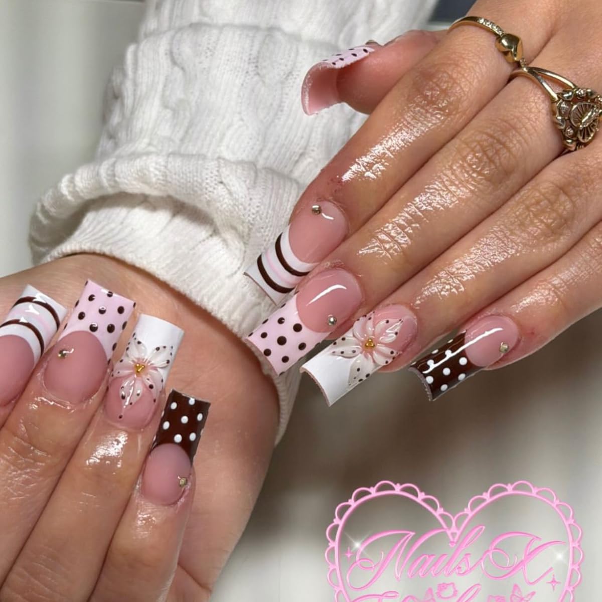 Polka Dot Press on Nails Long Square Fake Nails French Tip Nails Press ons with Flower Design Pink Brown Summer Glue on Nails Full Cover Glossy Stick on Nail for Women Manicure 24Pcs