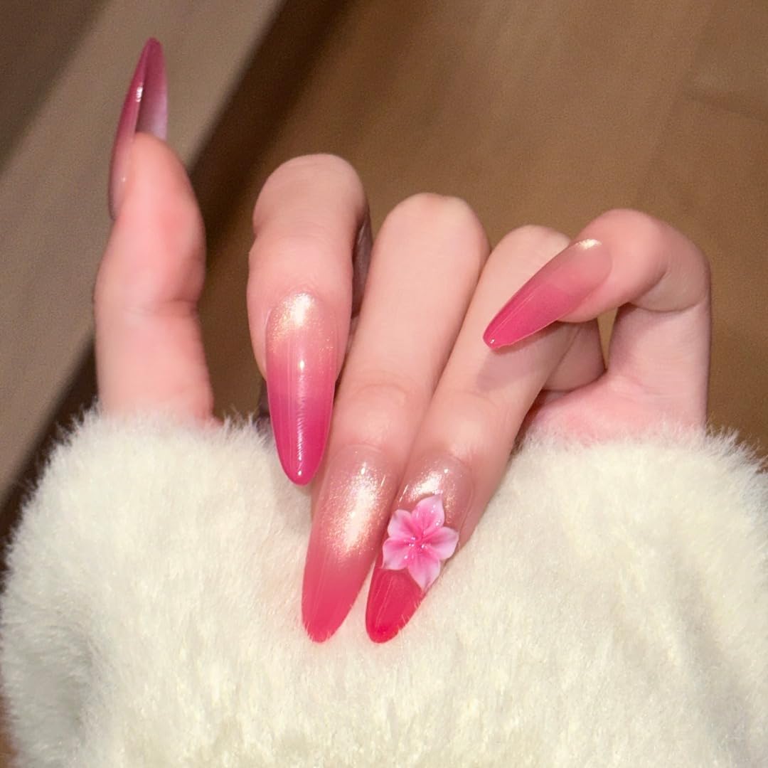 Romantic Pink Ombre Press On Nails, 3D Floral Embellished Long Almond Fake Nails, Reusable Manicure Set (L)