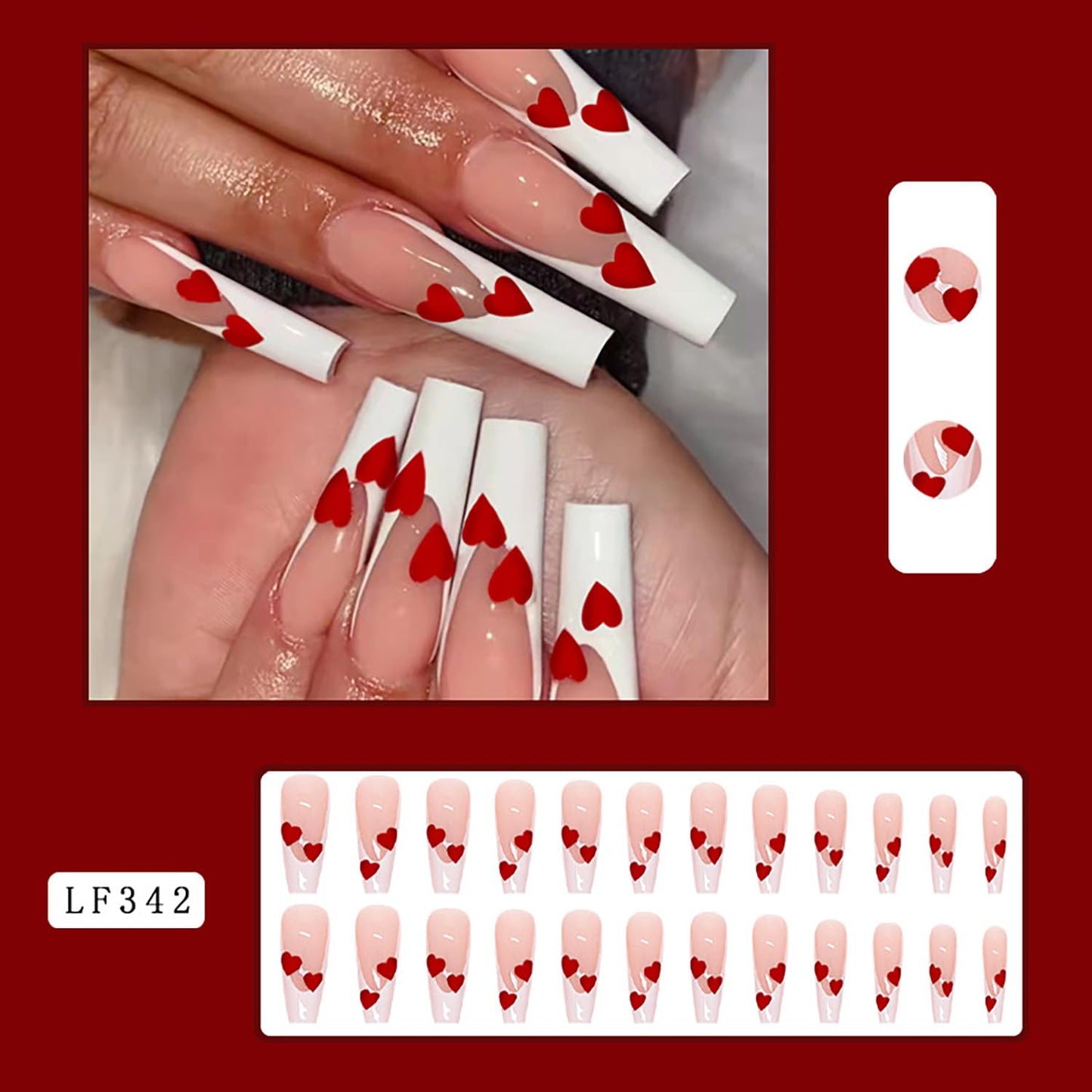 Vezocim Valentine Press on Nails Coffin Long French Tips Glossy Full Cover Acrylic Square Fake Nails with Red Heart Designs Extra Long False Nails Glue Stick on Fingernails with Charm for Women