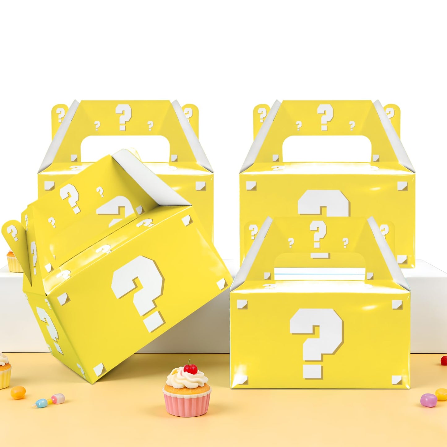 12 Pack Pixel Video Game Question Mark Birthday Party Candy Boxes, Yellow Surprise Gift Boxes with Handles for Adults, Boys & Girls, Ideal for Pixel Mining World Theme Party Favors and Decorations