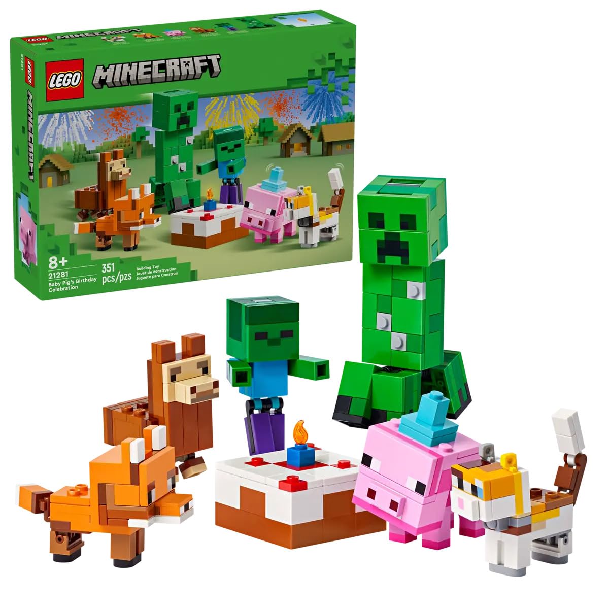 LEGO Minecraft 21281 Baby Pig’s Birthday Celebration – 351-Piece Build & Play Set with Creeper, Baby Pig, Fox, Llama, Cat, Zombie Mobs + Buildable Cake (Ages 8+)
