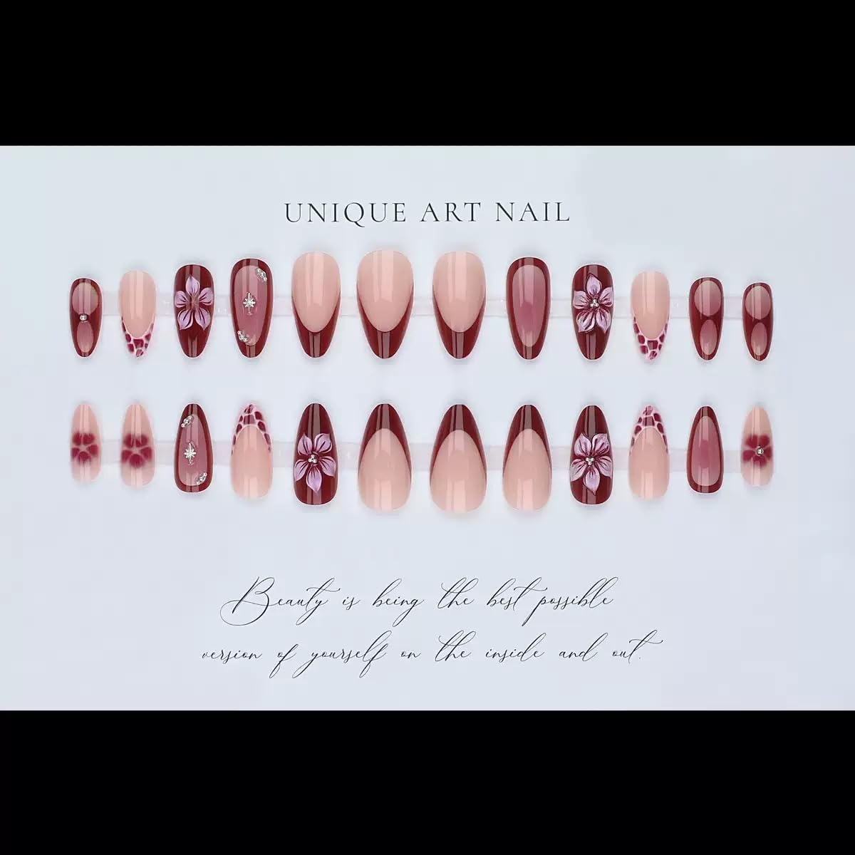 CTTHNBD Press on Nails Almond - Medium Fake Nails with Flower Design - Ombre, French Tip False Nails - for Women 24 Pcs