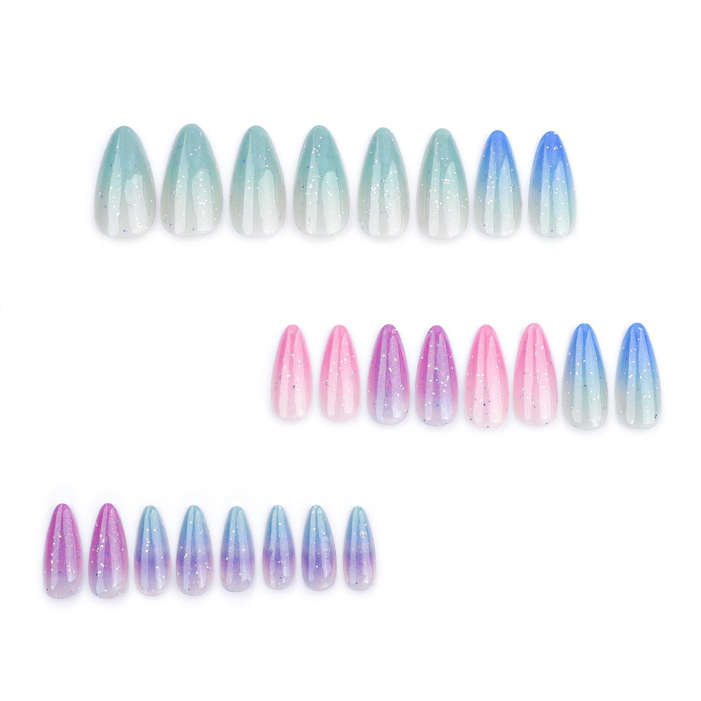Multicolor Gradient Fake Nails Long Almond Press on Nails with Glue on Nails Glossy Artificial False Nails Acrylic Ombre Stick on Nails for Women Girls