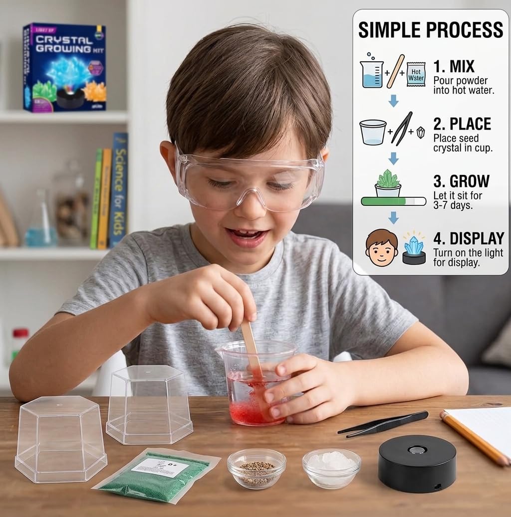 BenBen Light Up Crystal Growing Kit for Kids - Grow 6 Vibrant Crystals - STEM Science Experiments DIY Kit with LED Display Night Light Base - Educational Toys Birthday Gifts for Boys Girls Age 8-12