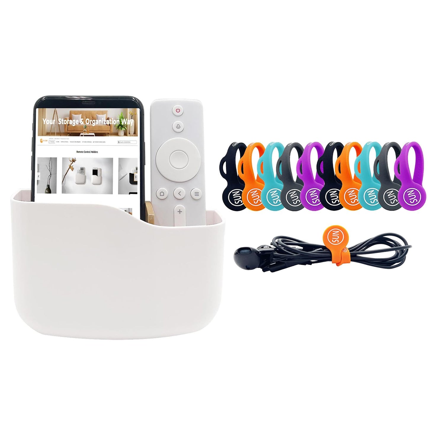 SUNFICON Adhesive Remote Control Holder and 10 PCS Magnetic Cable Straps Short