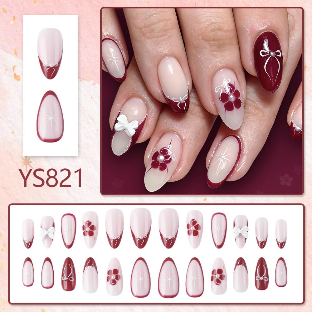 Flower Press on Nails Medium Almond Fake Nails with 5D Bow Charm Design Glossy Lace French Tips False Nail Full Cover Red Nail Press ons Reusable Spring Summer Acrylic Nail for Women Manicure 24Pcs