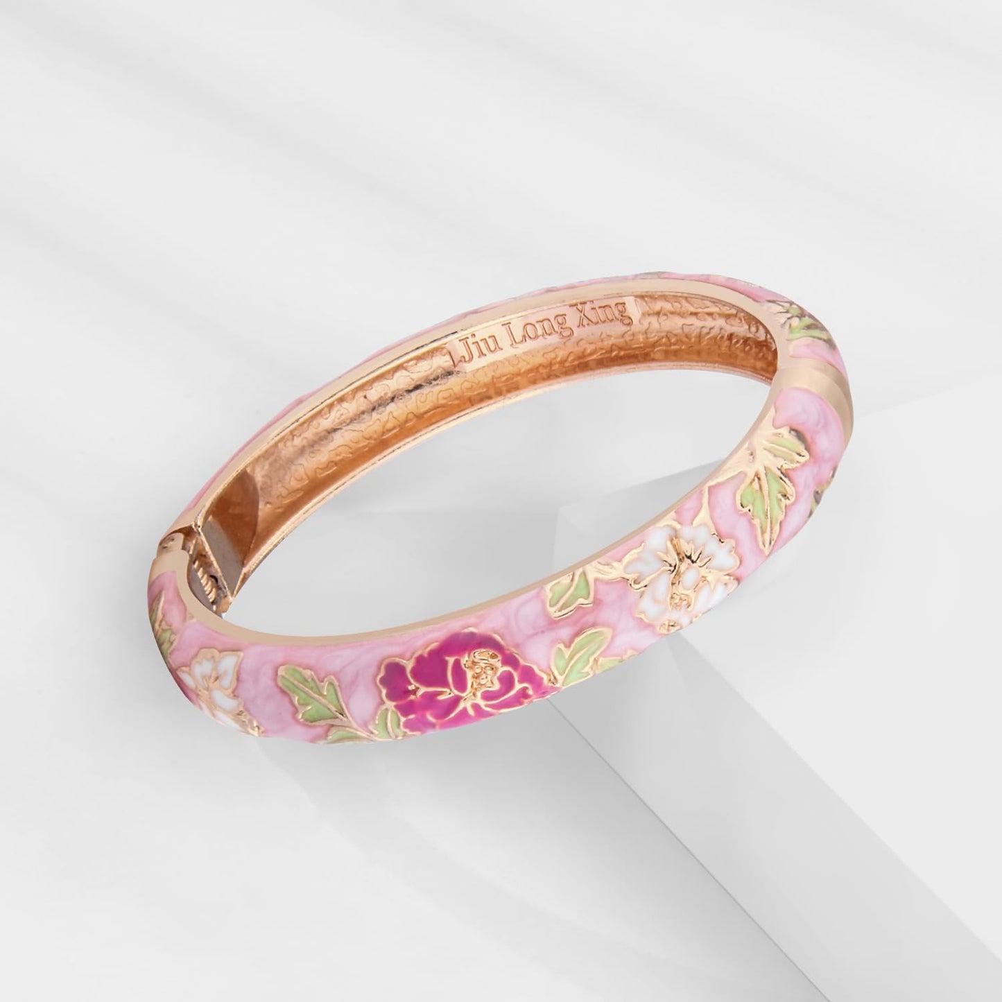 UJOY Womens Enameled Cloisonne Bracelet Gold Plated Flower Enameled Hinged Cuff Bangles Jewelry Gift 55A-3PCS Pink