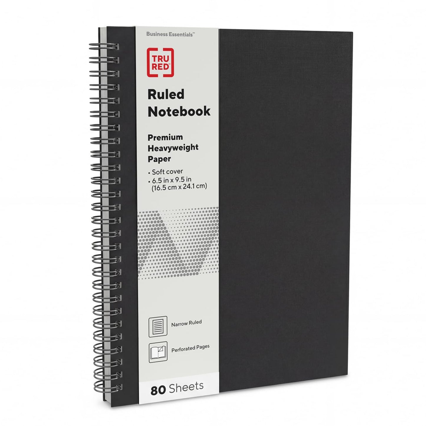TRU RED Medium Soft Cover Meeting Notebook, Black – Ruled, Spiral Bound, 80 Sheets, Interior Pocket