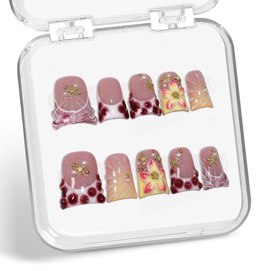 Handmade Flower Press on Nails Short Duck Fake Nails Polka Dot French Tip False Nail with 3D Seashell & Pearl Design Flower Press ons Nail Muti-Layer Gel Acrylic Stick on Nails for Women (S)