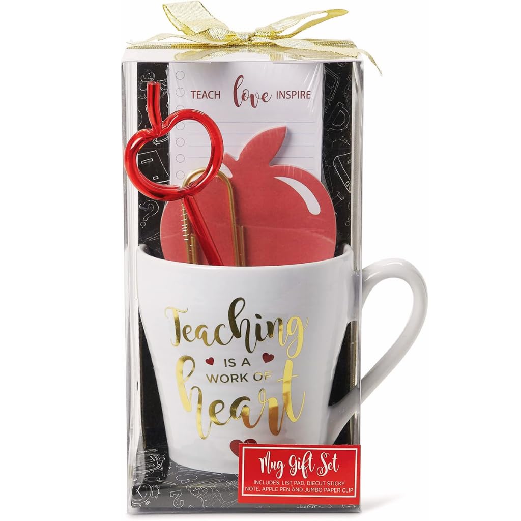 VOTUM Teacher Appreciation Gift for Women or Men - Bundle Includes Mug, Writing Pad, Apple-Shaped Pen and Sticky Notes, Jumbo Gold Paper Clip - Heart Coffee Cup - Teacher Appreciation Week Thank You