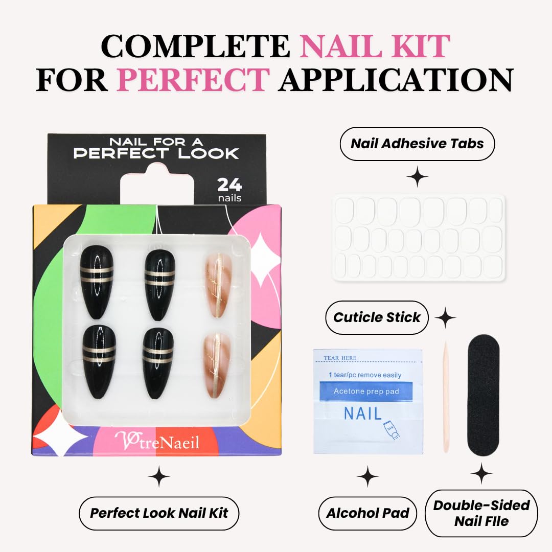 Votrenaeil Press On Nails - Midnight Glam | No Glue Short Almond Black & Nude Nails with Gold Chrome Accents - 24 Pcs Nail Kit with Adhesive Tabs
