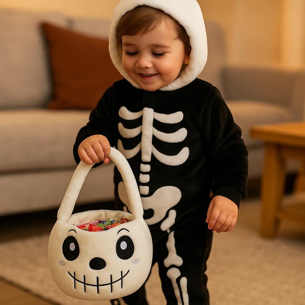 Ouksma Halloween Plush Treat Basket, Halloween Candy Basket, Trick-or-Treat Bag(White Skull)