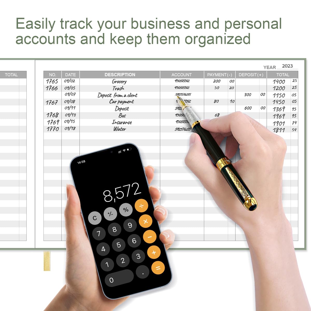 Accounting Ledger Book - Ledger Book for Small Businesses Bookkeeping & Personal Use, Expense Tracker Notebook for Tracking Money, Expenses, Deposits & Balance, 7" x 10", Green