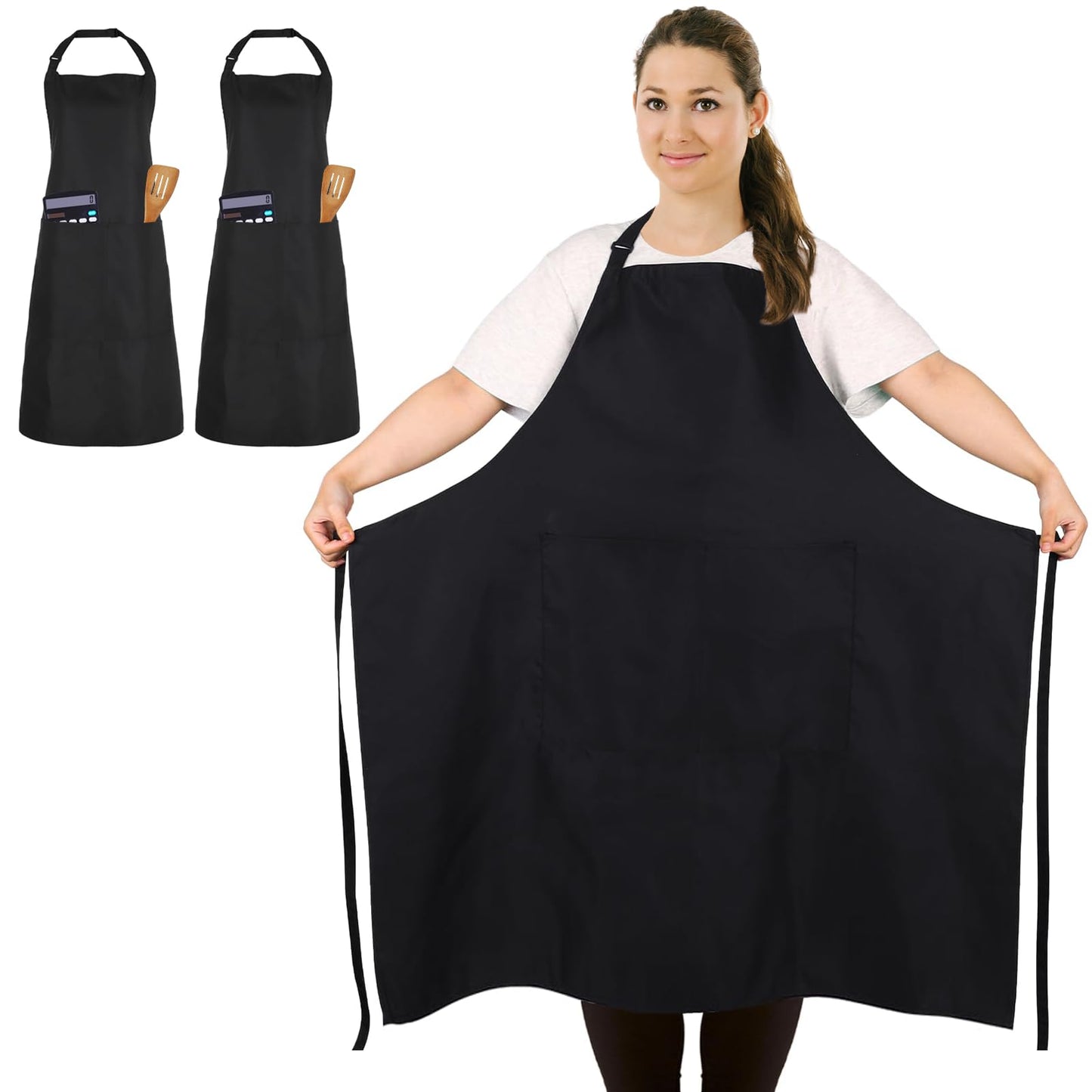 FunChaos 2 Pcs Plus Size Chef Apron, Black Apron, Unisex Aprons with 2 Pockets for Cooking, Grilling, BBQ, Work, Professional Aprons for Waiter Artist Hairdresser (Large Size)