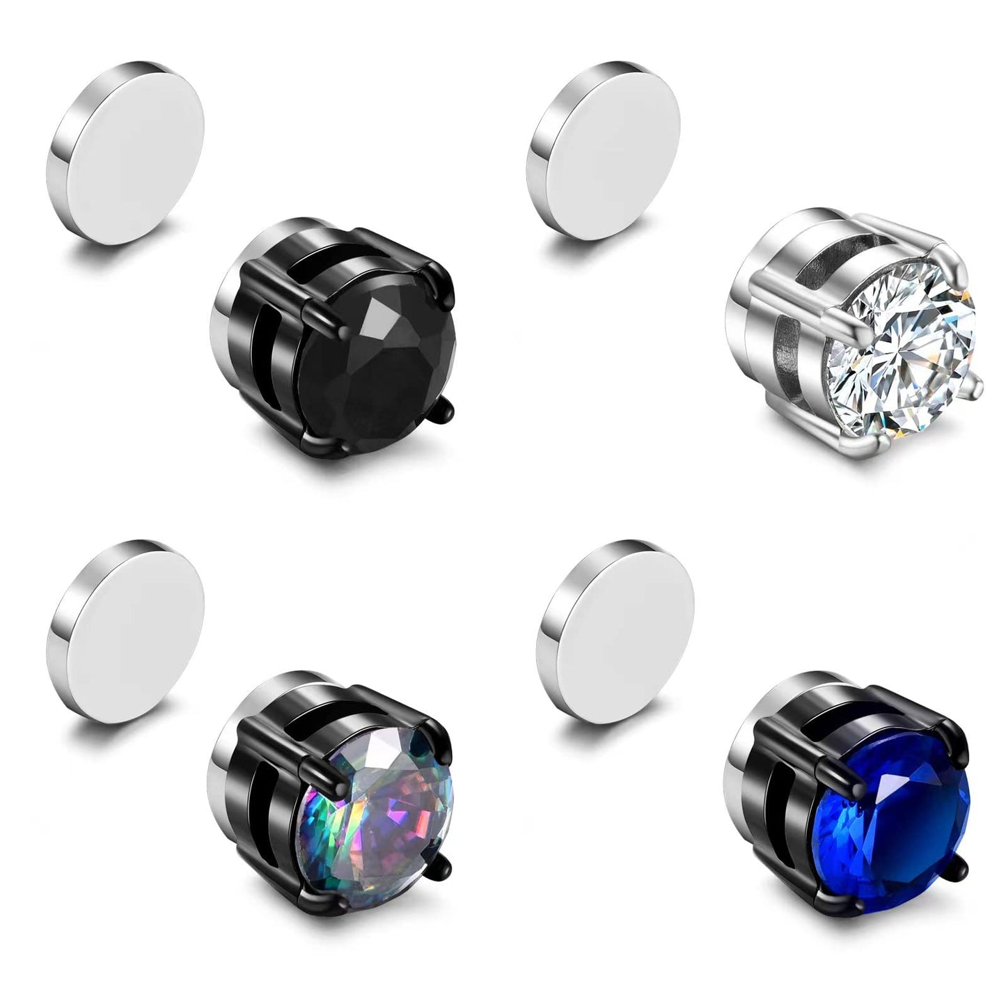 SIISPRI 4 Pairs Stainless Steel Magnetic Stud Earrings for Men Women Hypoallergenic Inlaid Cubic Zirconia Unisex Non-Piercing Clip On Stud Diamond Earrings Set