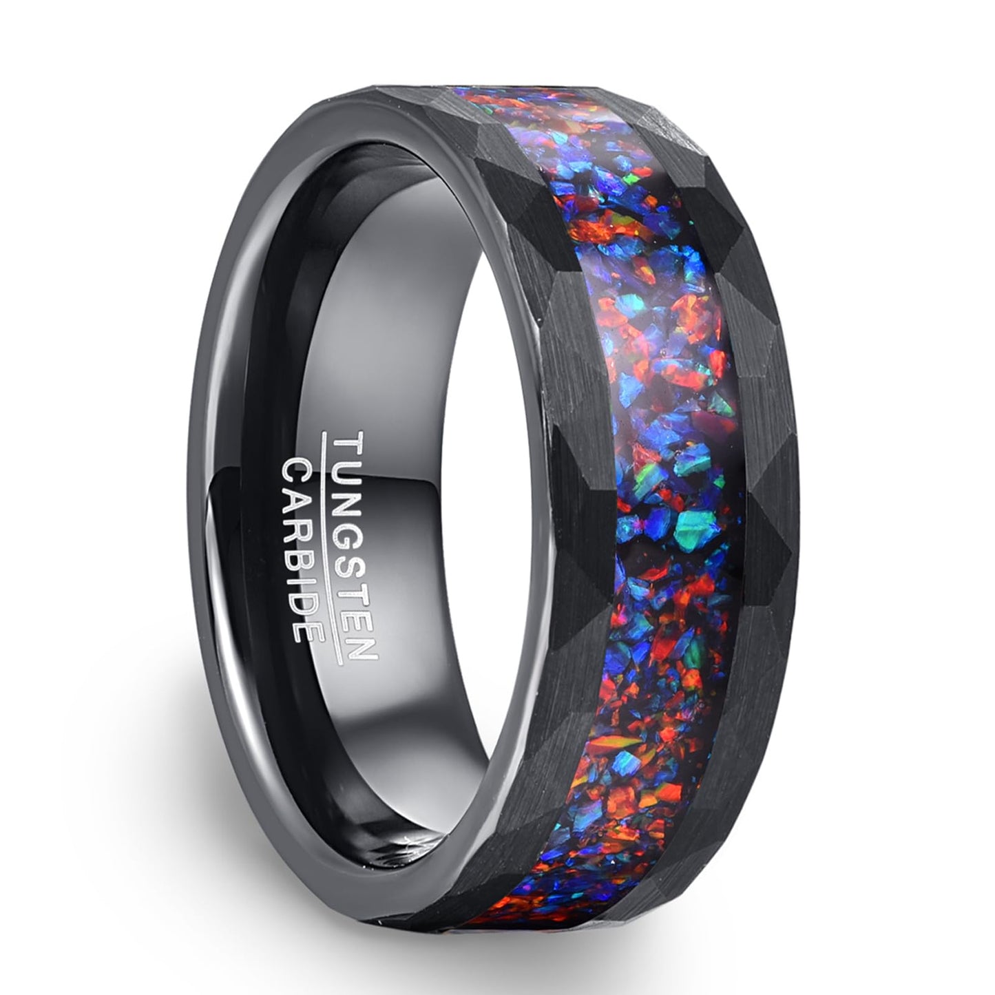 NUNCAD Mens Wedding Ring Black with Opal Inlaid 8mm Engagement Band Tungsten Carbid Ring Hammered Matte Finish Comfort Fit Sizes 11
