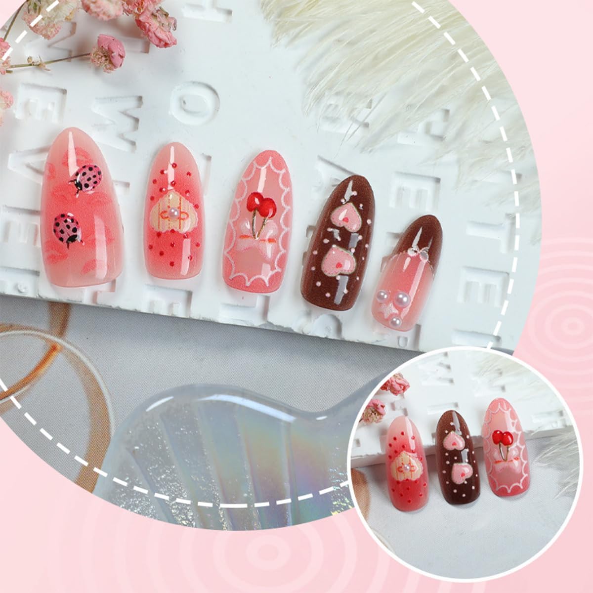 30Pcs Romantic Valentines Press on Nails Medium Almond Fake Nails with 3D Cherry Heart Bow Pearl Designs Cute Glue on Nail Sexy Red Lips False Nails Pink Acrylic Full Cover Stick on Nail for Women