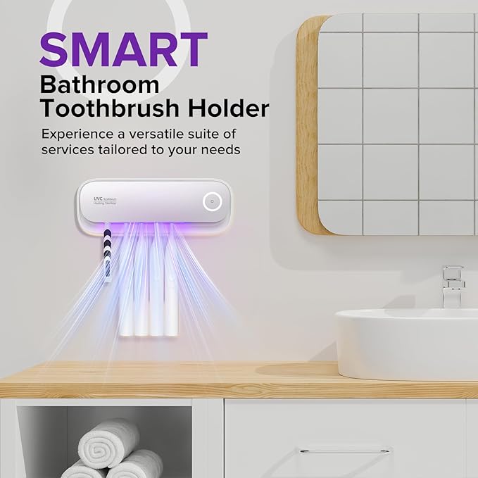 Toothbrush Holders Wall Mounted,5 Slots Tooth Brush Holder for Bathroom,Rechargeable Toothbrush Cleaner with Drying Function,Electric Toothbrush Holder with Cover (White)