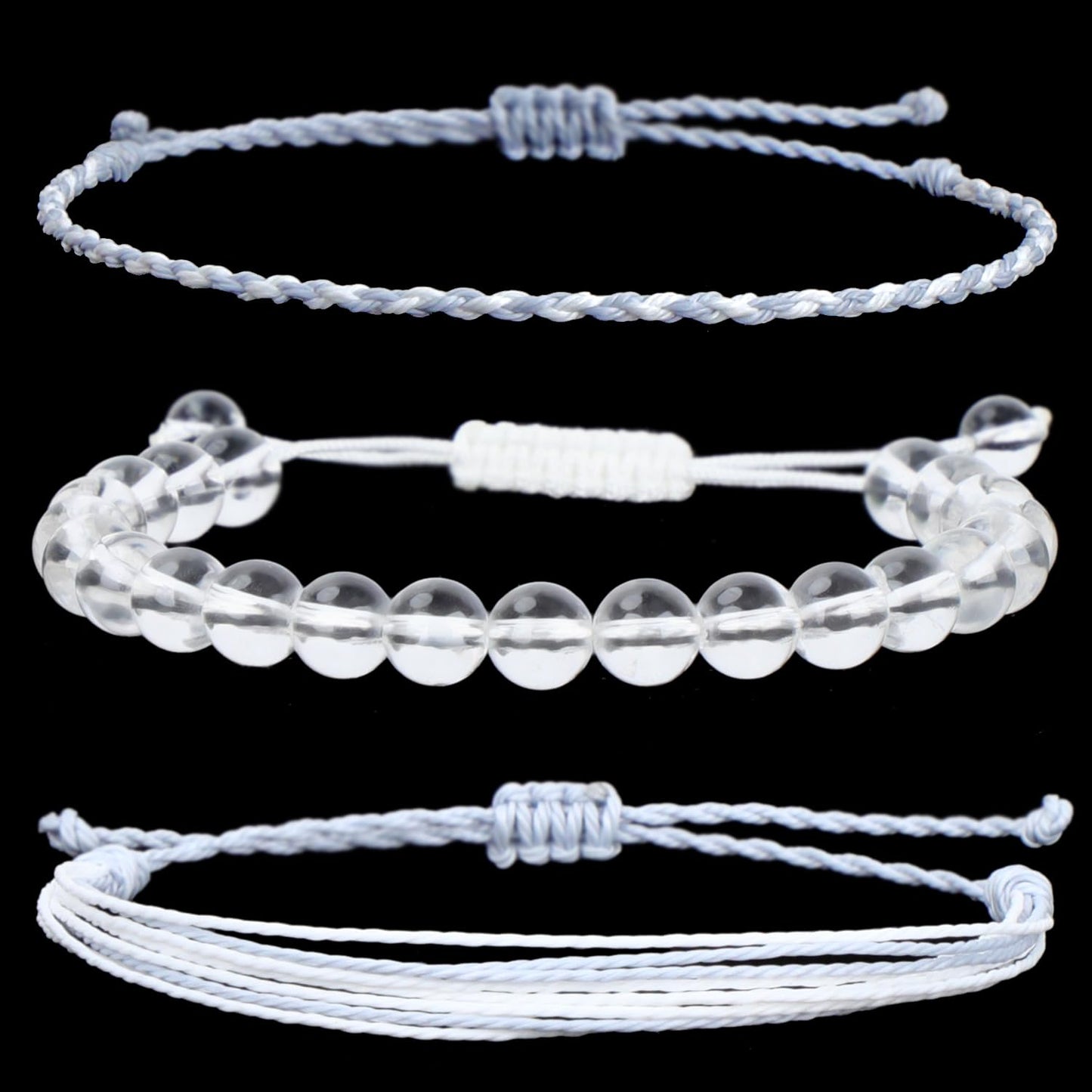 QOGIR Handmade Healing Bracelet,8mm Natural Clear Quartz Crystal Gem Stone Beads Bracelet for Men Women Gifts with 2PCS Size Adjustable Rope Bracelets