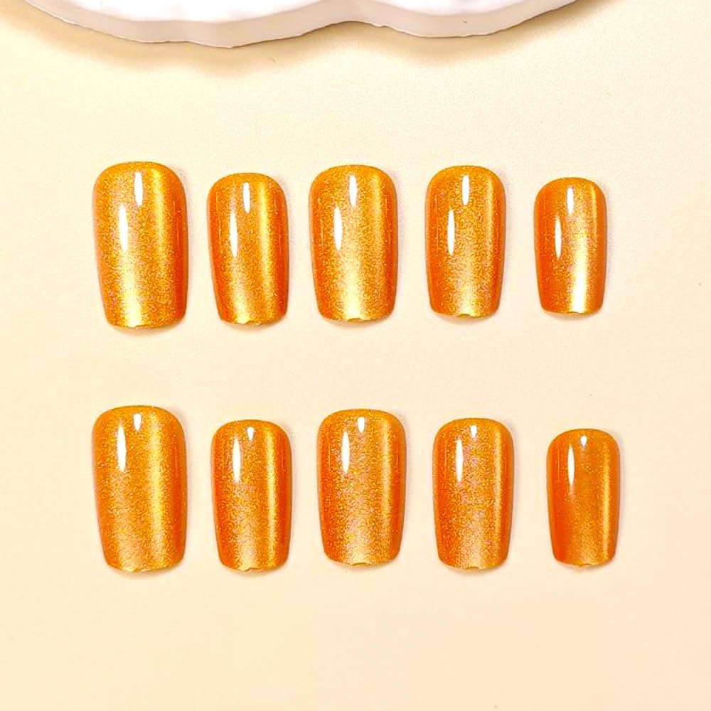 Square Press on Nails Medium Glitter Gold Fake Nails Cat Eye Fall Full Cover Stick on Acrylic False Nails for Women 24 Pcs