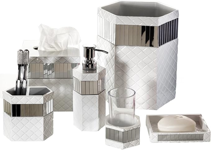 Creative Scents Quilted Mirror White Bathroom Trash Can 1.58 Gal / 6L – Decorative Waste Basket for Bathroom - Space Friendly Mirrored Wastebasket Bin, for Elegant Powder Room or Bedroom Decor