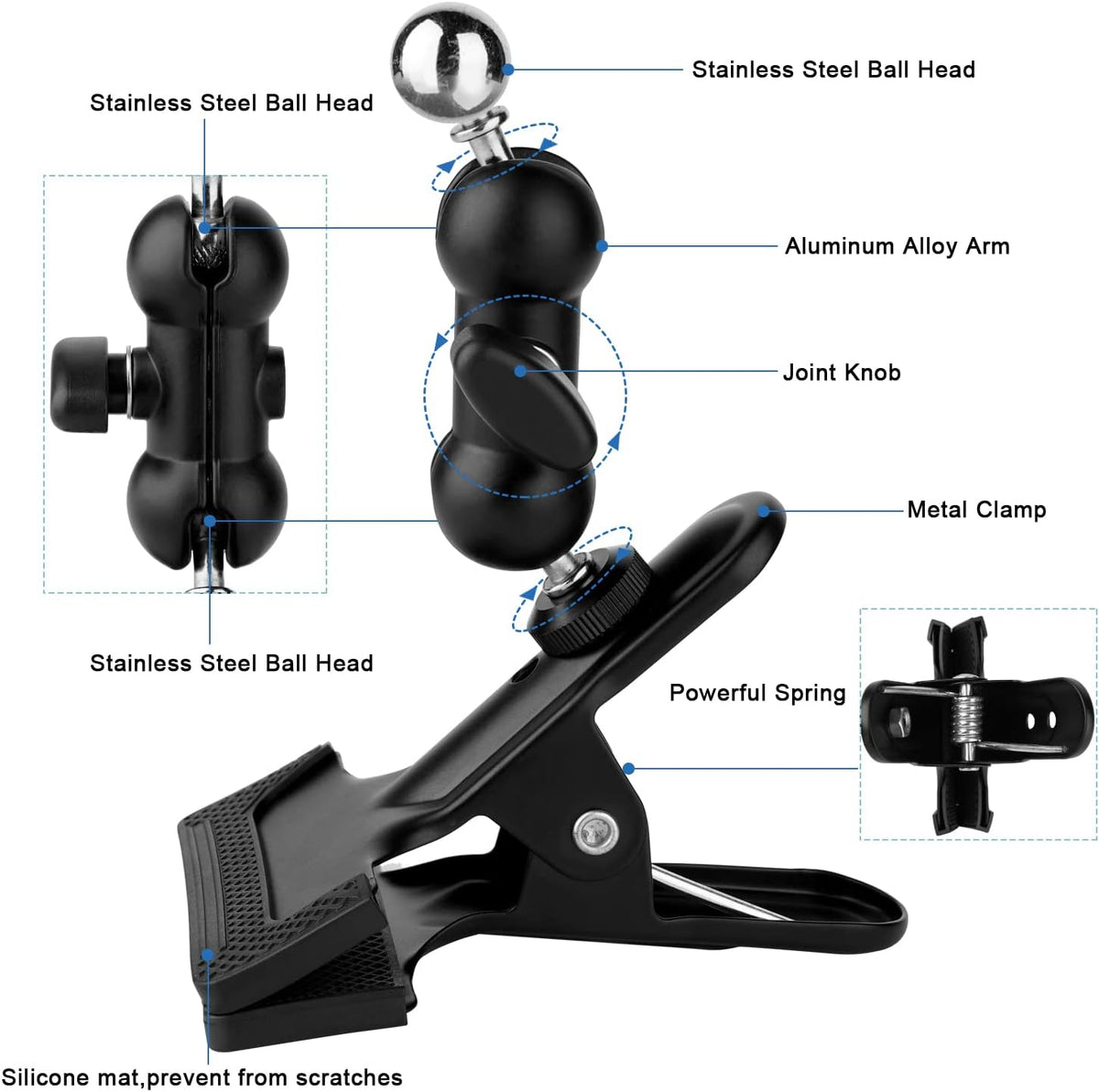 Clip Clamp Tablet Holder for Desk/Table/Glass Door/Desktop Baffle/Easel,Compatible with 7~12.9 inch iPad/Nexus/LG G Pads/Fire HD,360°Adjustment Aluminium Alloy Arm Metal Mount