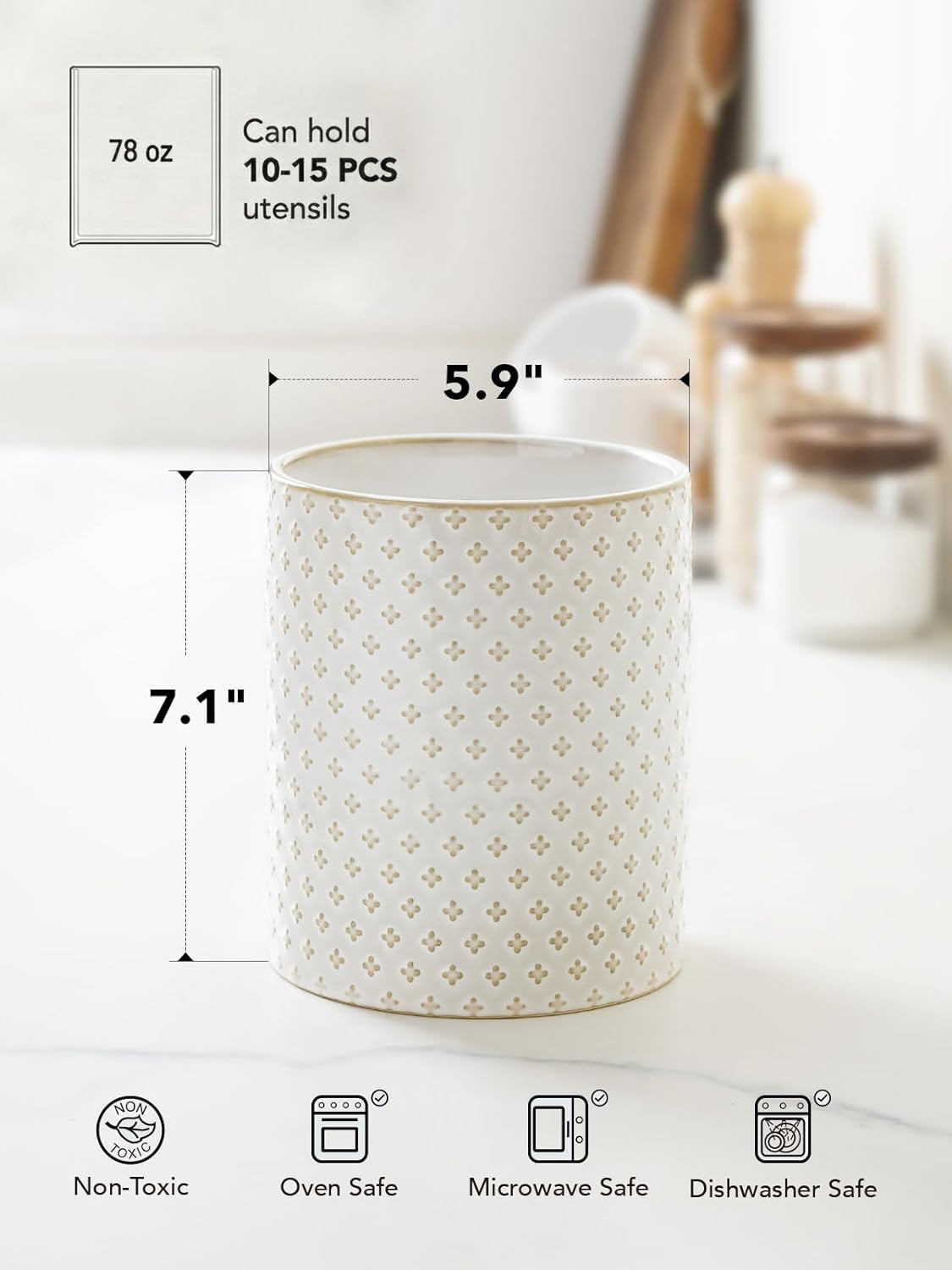 LE TAUCI Utensil Holder for Kitchen Counter - 7.1" Large Ceramic Kitchen Utensil Holder, Embossed Cooking Utensil Crock for Spatula, Spoon - Farmhouse Kitchen Decor & Organizer, White, Clover