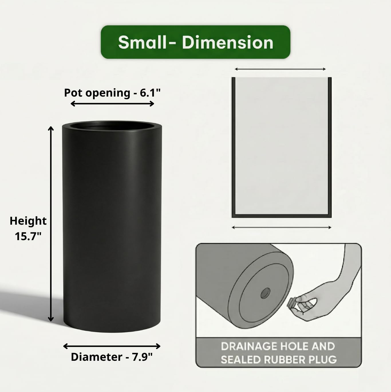 Wil & Vic 89s 15.7'' H x 7.9'' Dia (6.1'' Pot Opening) Jupiter Fiberglass, Cylinder Tall Planter with Drainage Hole, Lightweight, Durable Minimalist Home Decor, Included Extra Coco Mats, Black