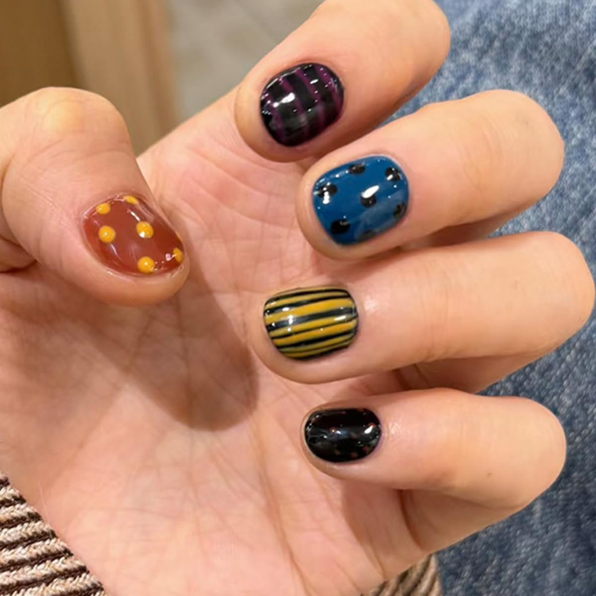 Short Press on Nails Square Fake Nails Funky Nails Press ons with Stripes,Polka Dots Design,Reusable Artificial Nail Full Cover Stick on Nails for Women Manicure 24 Pcs