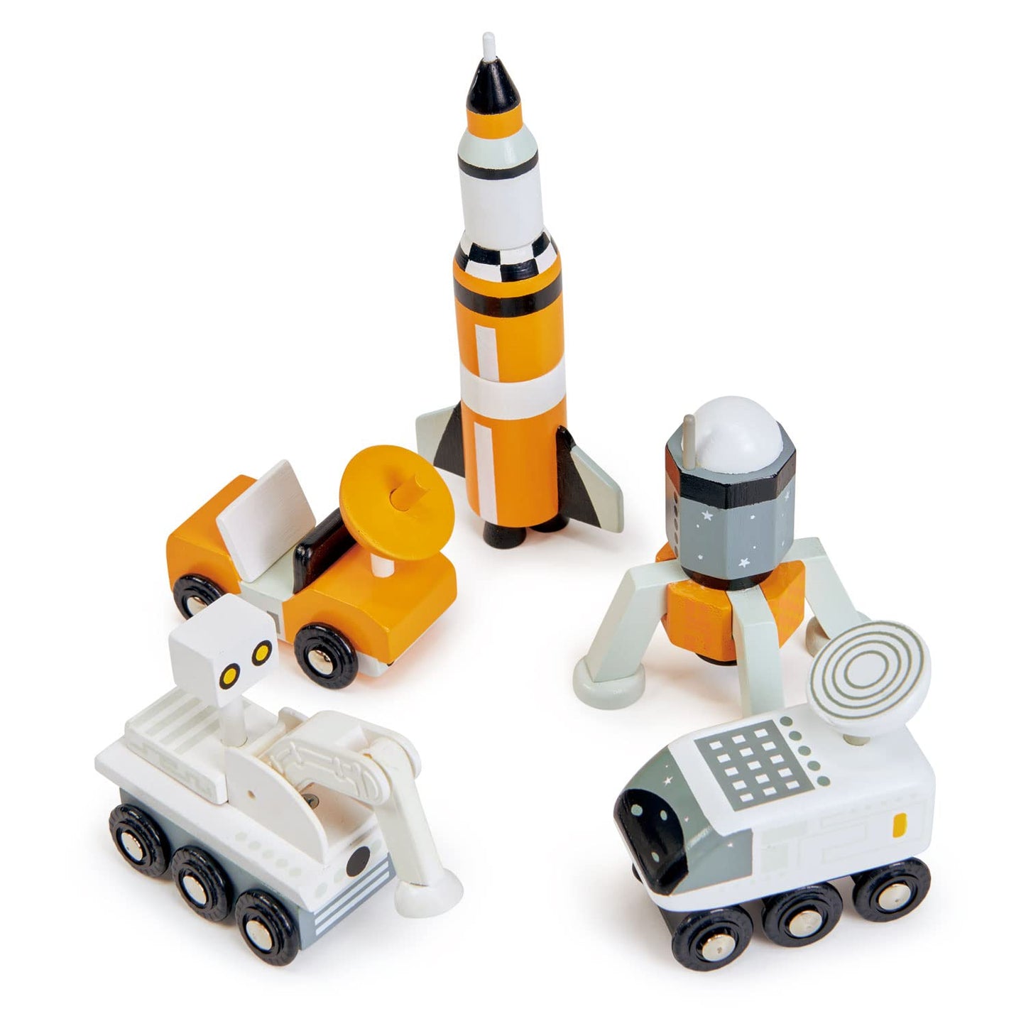 Tender Leaf Toys - Space Voyager Set - 7 Piece Solid Wood Space Vehicle Set with Moving Parts - Boost Imagination and Learn Through Play, Gender-Neutral for Pre-School Boys and Girls - Age 3 +