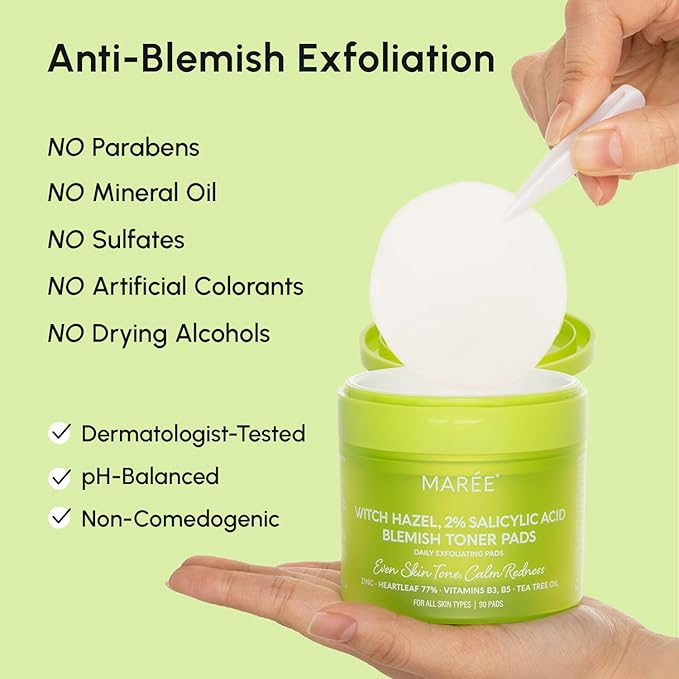 MAREE Blemish Toner Polishes - Daily Facial Radiance Toner Polishes - Witch Hazel Acne Face Toning Pads - Acne Skin Care with BHA Salicylic Acid - Cleansing Pad for Face - Blemish Clearing Wipes