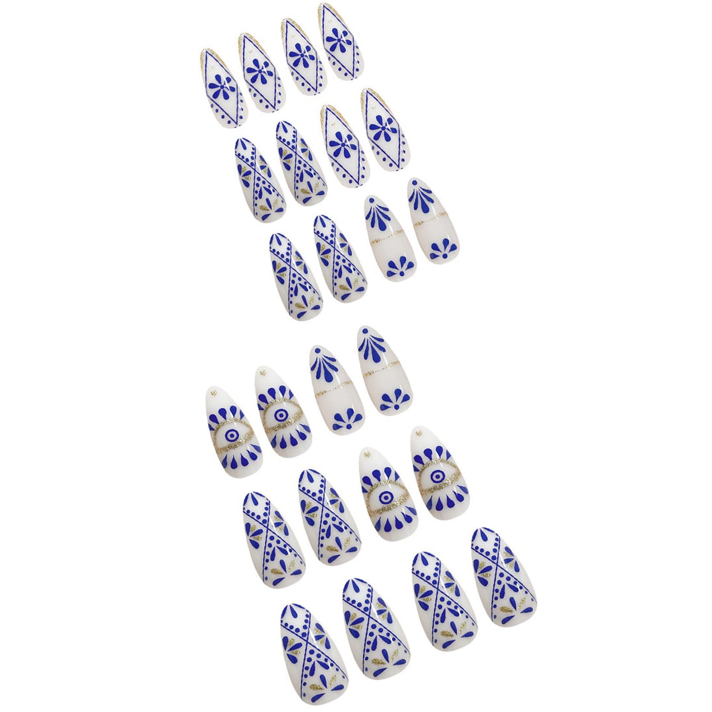 FJSMTOPl Almond Press on Nails - Boho Fake Nails Press ons - with Designs Blue False Nails - Acrylic Glue on Nails - Artificial Stick on Nails - for Women Manicure 24Pcs