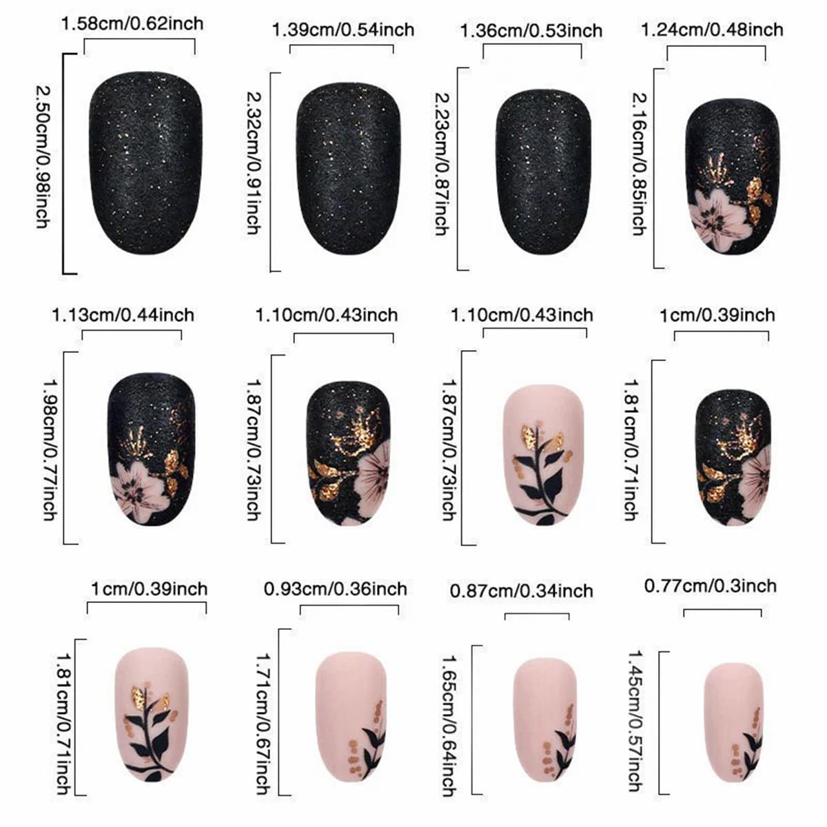 Short Press on Nails Almond Fake Nails with Flower Leaves Design Matte Black Nude Pink Spring Glue on Nails Acrylic Gel False Nail Kit Reusable Stick on Nails for Women Manicure Decorations 24PCS