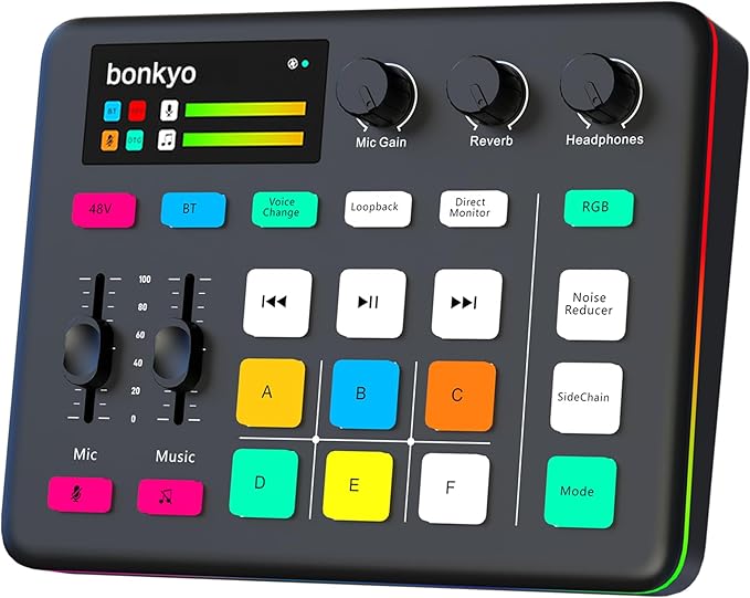 Bonkyo Gaming Audio Mixer & USB Interface with XLR Microphone, Bluetooth 5.0, RGB Effects, 48V Phantom Power, Voice Changer, G1 Sound Card for PS5, TikTok Live Streaming, Podcasting (Black)