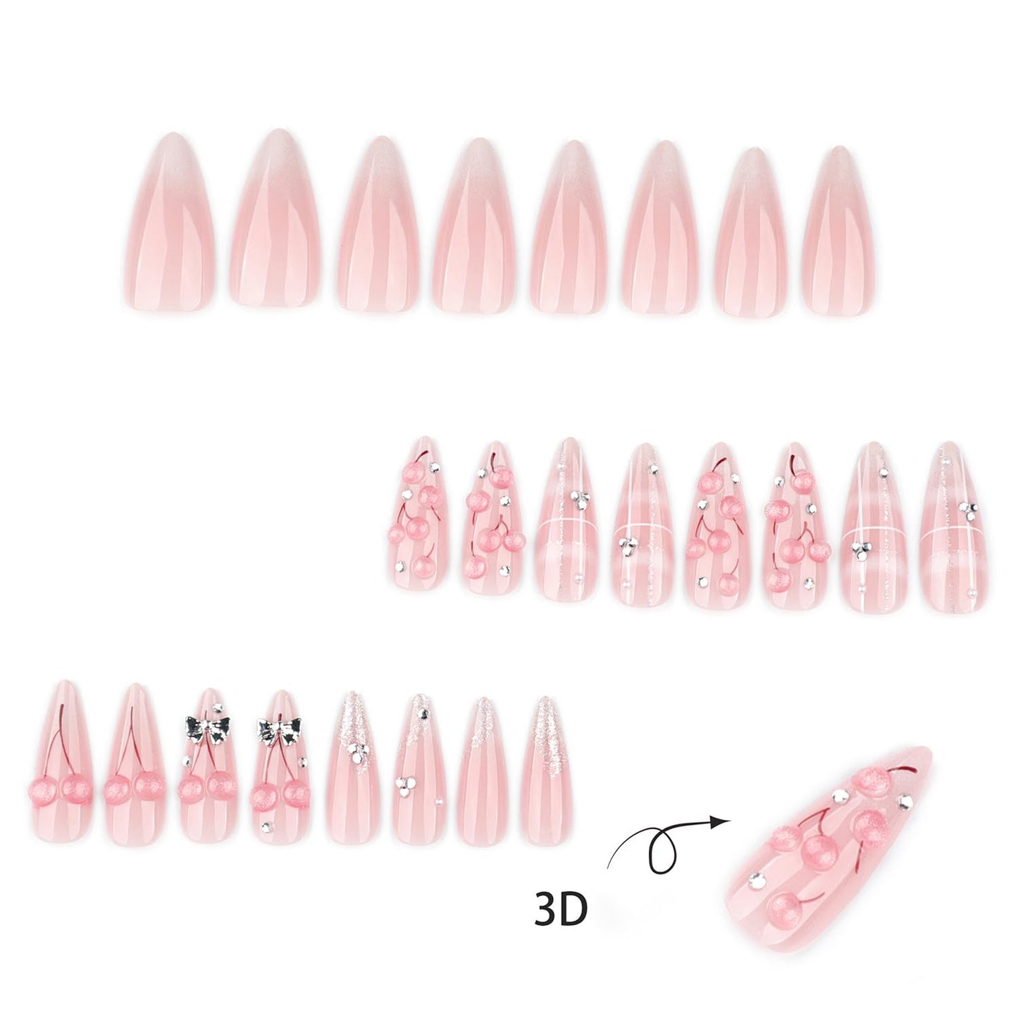 Almond Press On Nails Medium Long Fake Nails Press Ons With 3D Cherry Rhinestone Design Acrylic Nails Silver Bow False Nails Pink Glossy Glue On Nails For Women