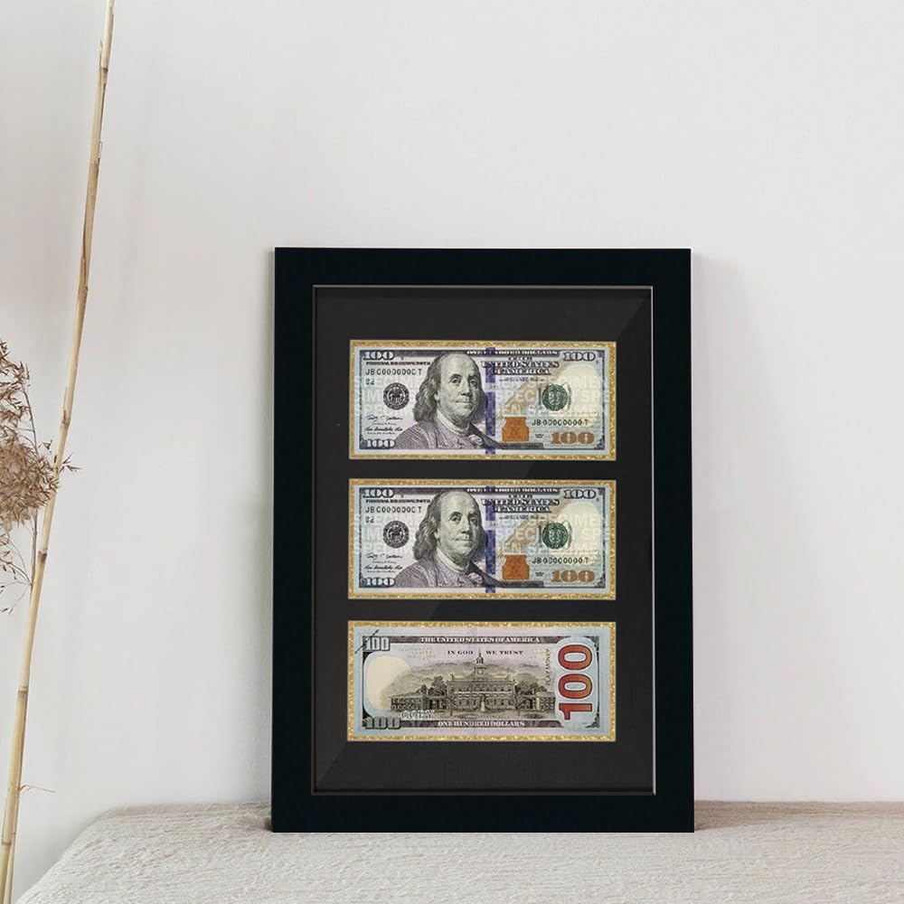 HUICAPTYI 3-Opening Dollar Bill Frame with Black Mat, Desktop Easel Stand & Wall Mount, Solid Wood Shadow Box for Currency & Money Display Case (gold border)