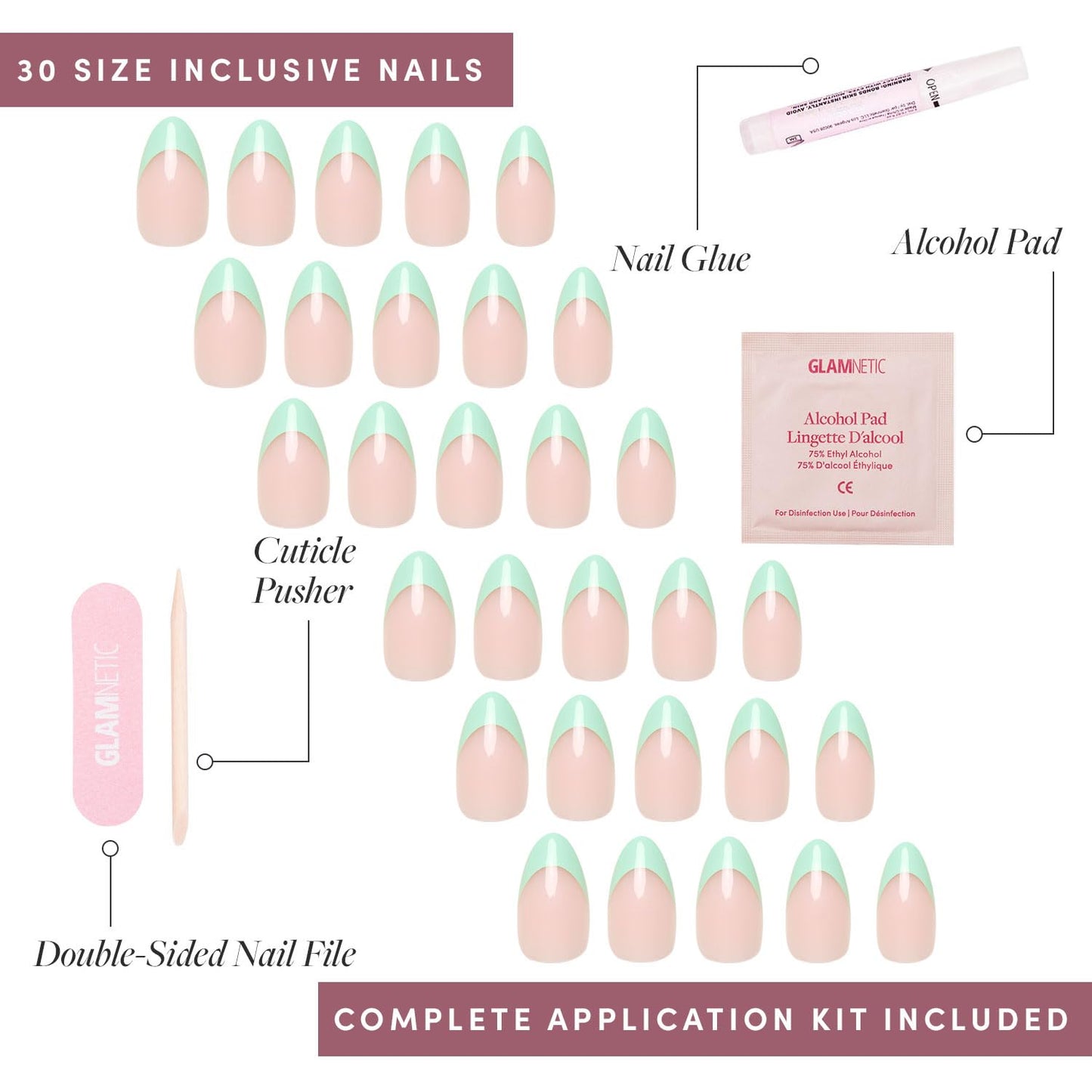 Glamnetic Press-On Nails Bundle - Pistachio Crème & Fairy Dust | Short Almond Mint Blue French Tips with a Glossy Finish | Short Oval Beige-Pink False Nails with a Metallic Finish | Reusable, Salon-Qu