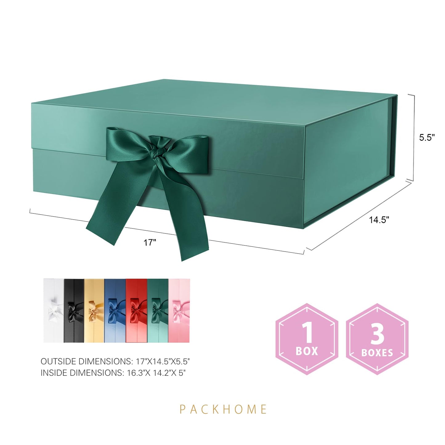PACKHOME 17x14.5x5.5 Inches, 3 Extra Large Gift Boxes with Lids, Magnetic Closure Boxes with Ribbon for Clothes and Large Gifts (Glossy Green)