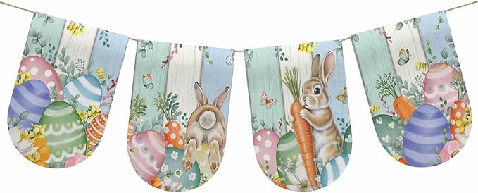Easter Banner 4Pcs Indoor Outdoor Hanging Banner Flag Spring Rabbit Eucalyptus Leaves Eggs Wooden Sign for Fireplace Mantel Decorative Bunting Garland Valance for Shop Door Mantle Decor 9.8"x15.8"