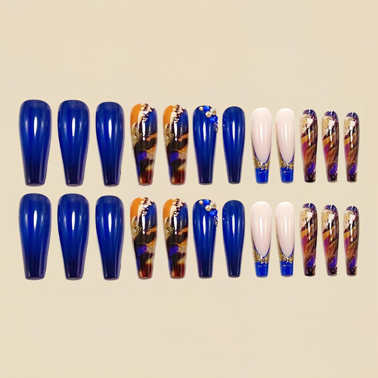 MISUD Press on Nails - Long Coffin Fake Nails with Navy Blue, Acrylic Bling Glitter Rhinestone Design 24 pcs