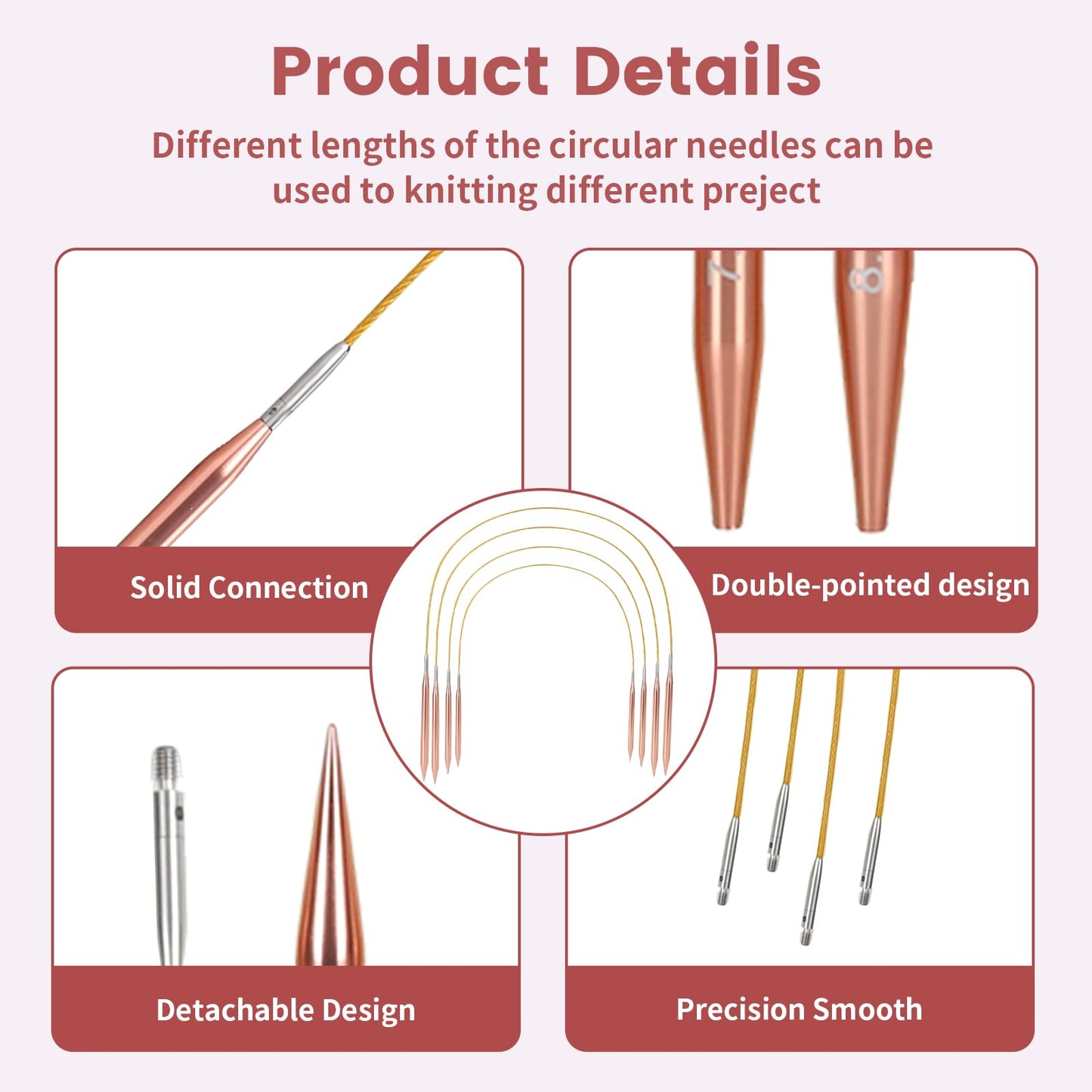 liomey Interchangeable Circular Knitting Needles Set - 13 Pairs (3mm-10mm) with 4 Flexible Cables, Aluminum Needle, Ergonomic Design for Beginners and Advanced Knitters, Rose Gold