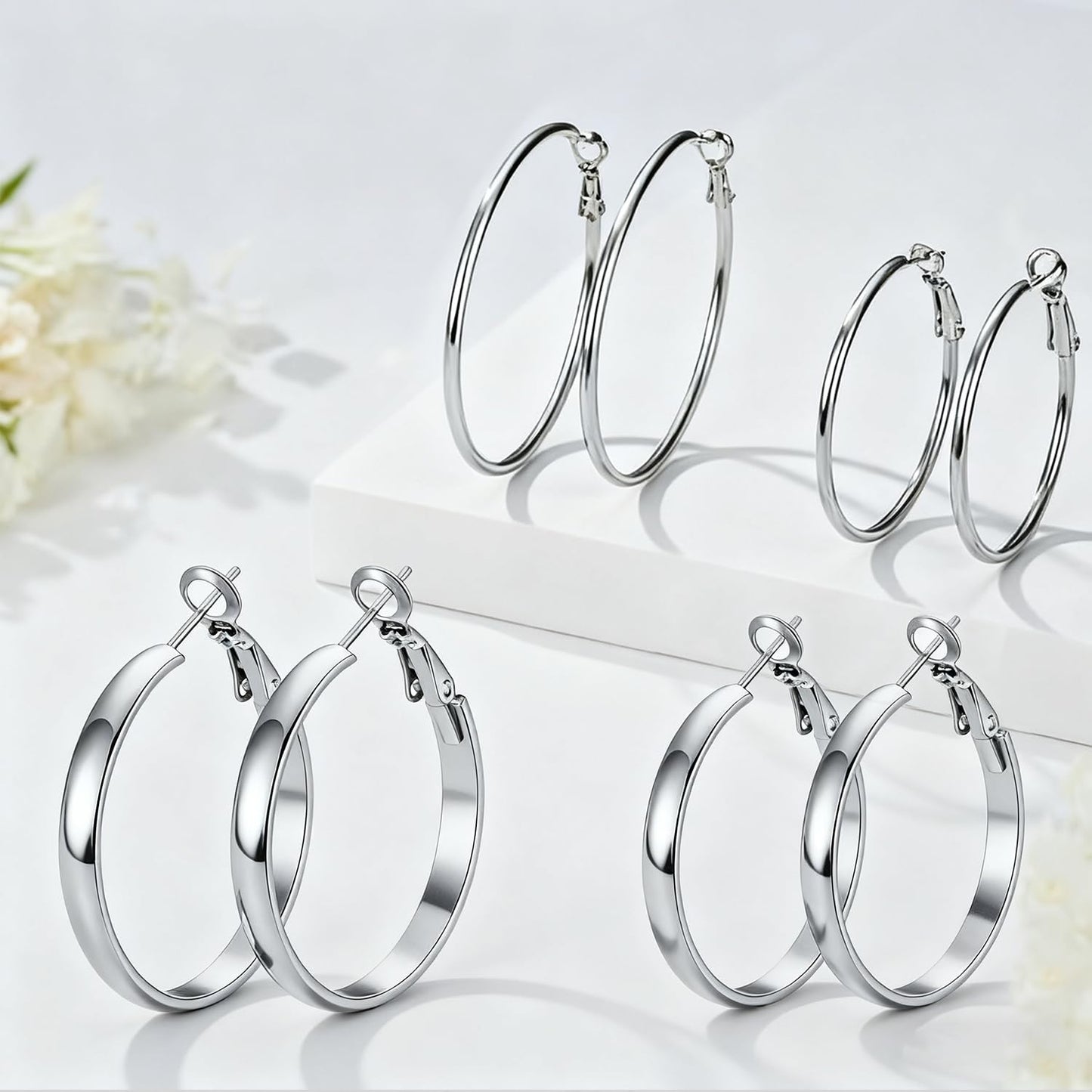 PICKBEAU Chunky Silver Hoop Earrings for Women | 14K Plated Hypoallergenic 4mm Wide & Thin Big Round Circle Hoops Stainless Steel Womens Dangle Earring Set (30/40mm)