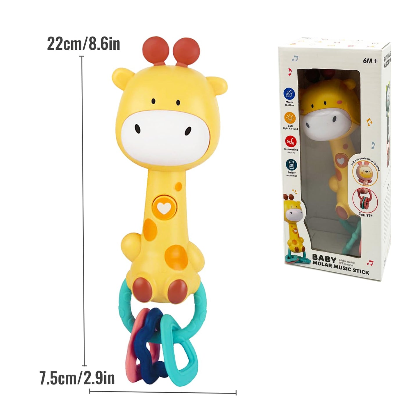 WHNKFB Bright Yellow Giraffe Baby Musical Rattle Toy - Light-Up Teether & Sensory Chew, BPA-Free Soft Rubber, Baby Shower & 1st Birthday Gift for 6-18 Months 1+ Year Old