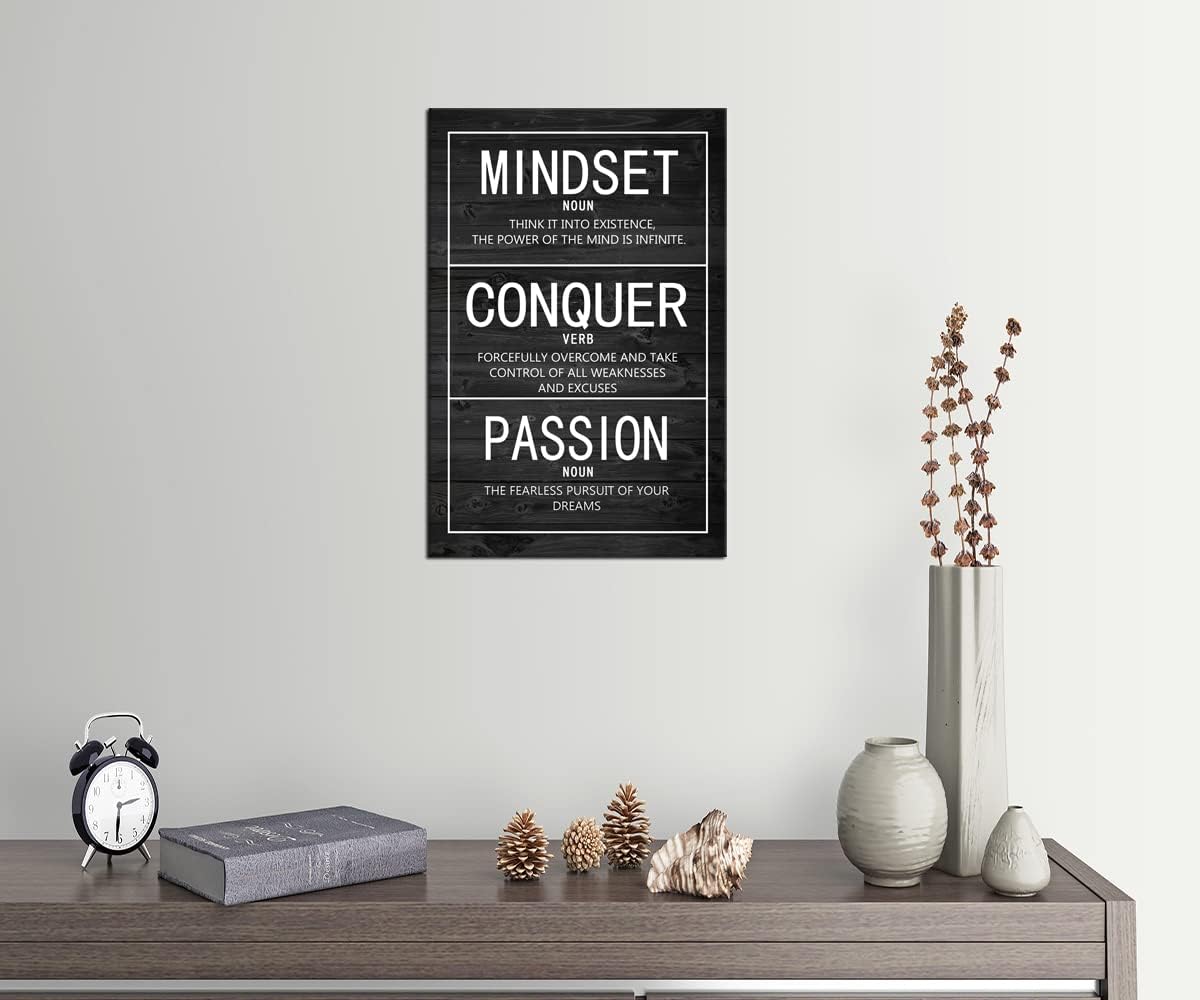 Motivational Poster Passion Mindset Conquer Inspirational Canvas Wall Art Paintings Motivation Artwork Living Room Office Prints Wall Decor Decoration Wooden Framed Ready to Hang [12''Wx 18''H]